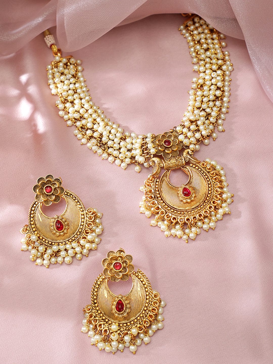 Rubans 20K Gold Plated Necklace Set With Floral Design, Pink Stone And Pearls. Necklace Set