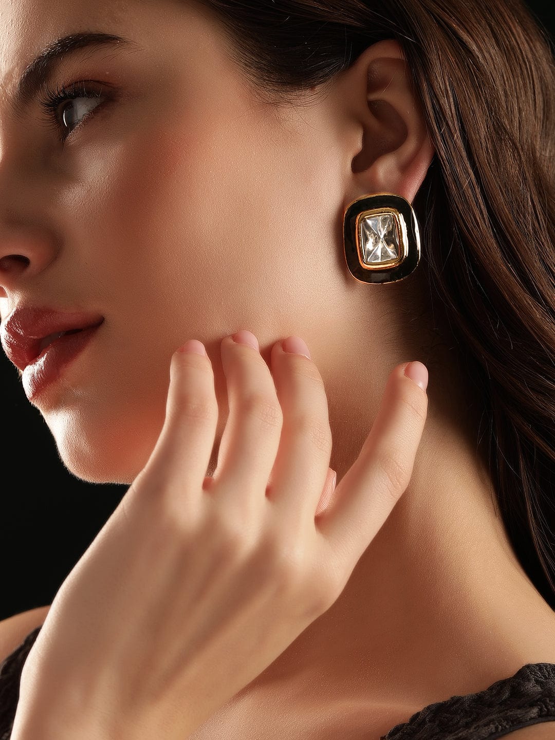 Rubans 22K Antique Gold Crystal Studded Black Enemal Stud Earrings Earrings