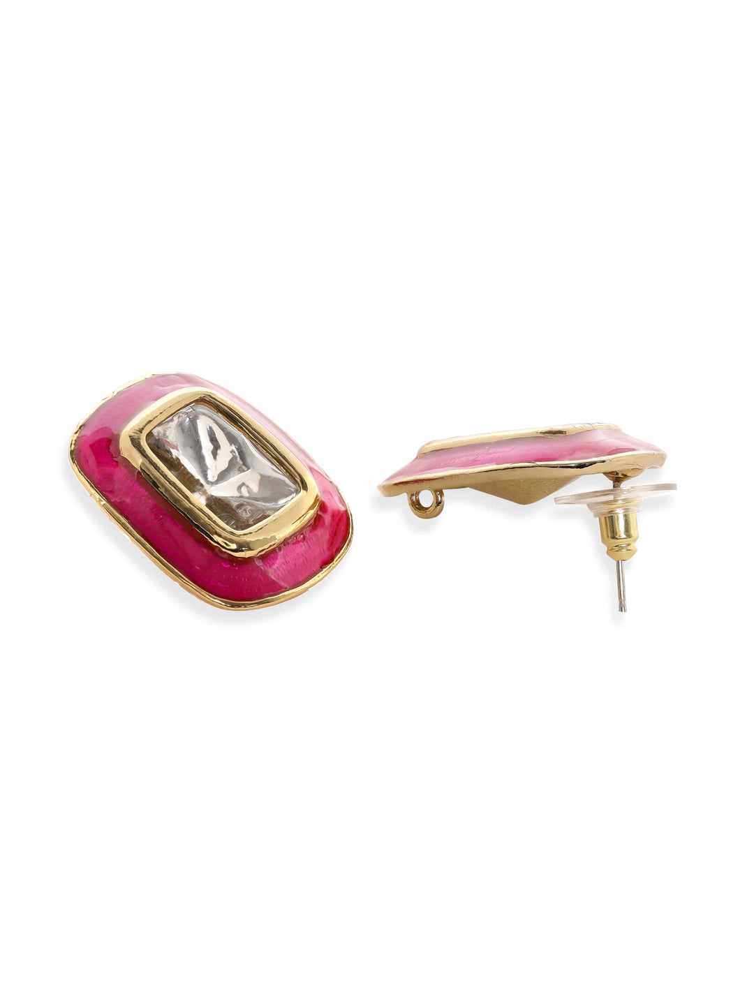 Rubans 22K Antique Gold Crystal Studded Pink Enemal Stud Earrings Earrings