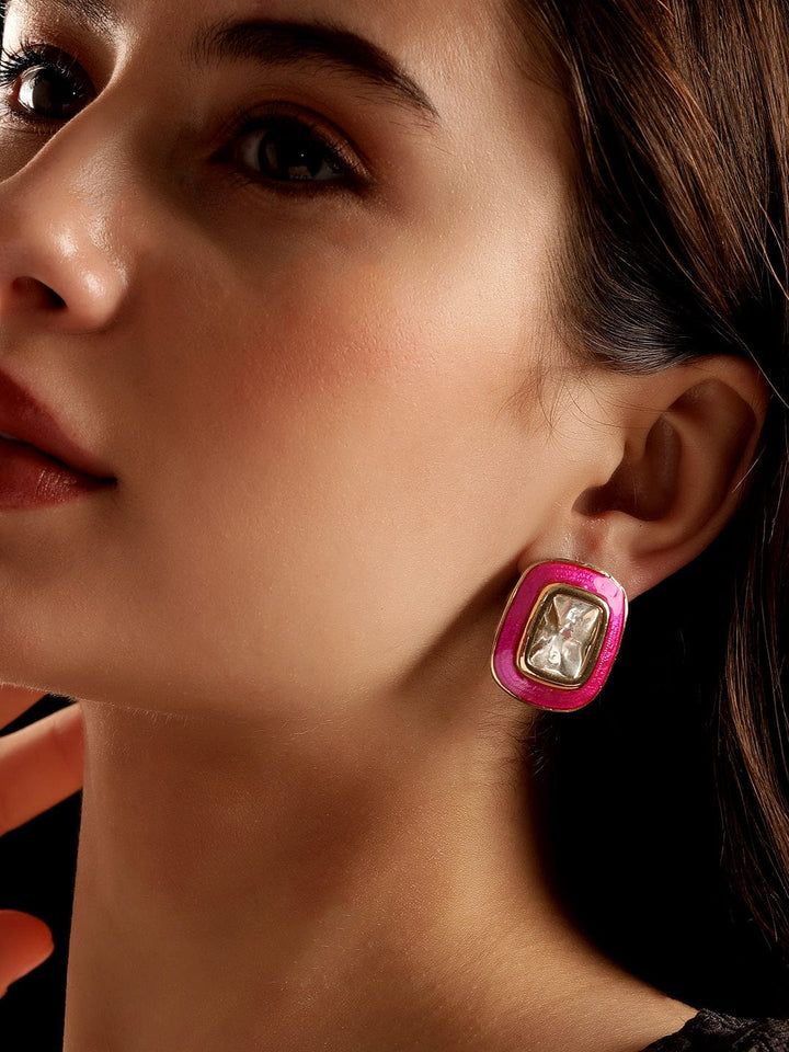 Rubans 22K Antique Gold Crystal Studded Pink Enemal Stud Earrings Earrings