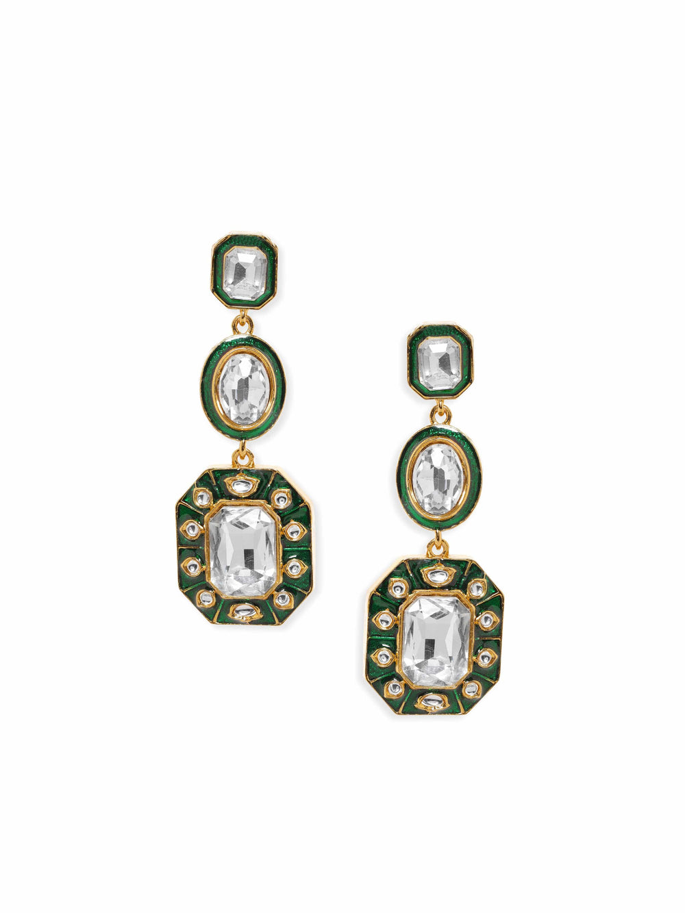 Rubans 22K Antique Gold plated Kundan Studded Green Enamel Statement Dangle Earring Earrings