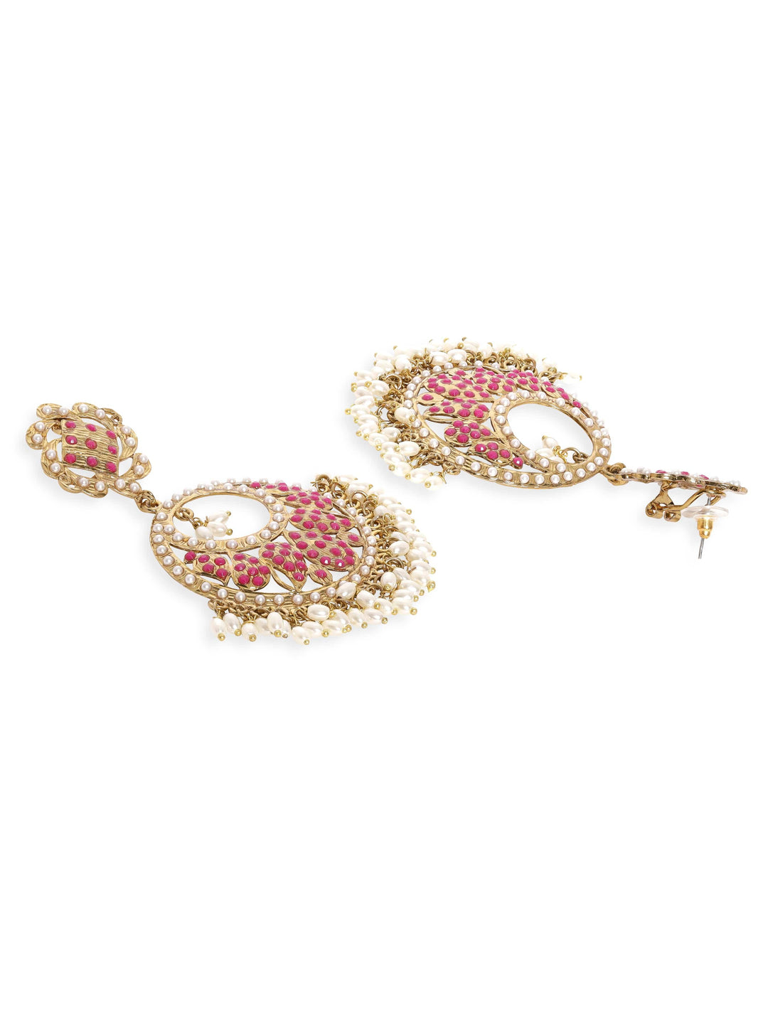 Rubans 22K Antique Gold Plated Ruby Zirconia & Pearl Studded Statement Chandbali Earring Earrings