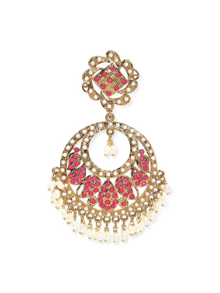 Rubans 22K Antique Gold Plated Ruby Zirconia & Pearl Studded Statement Chandbali Earring Earrings