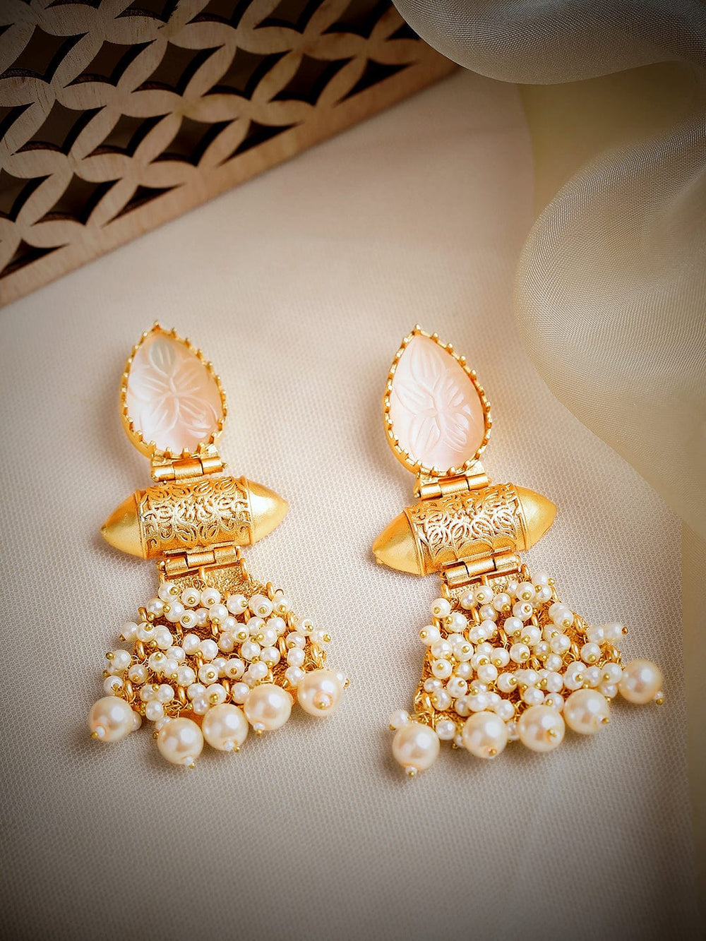 Rubans 22K Gold Plated Drop Earrings With Studded White Stone And Pearls Earrings