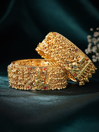 Rubans 22K Gold plated ghungroo beaded temple motif statement bangles. Bangles &amp; Bracelets