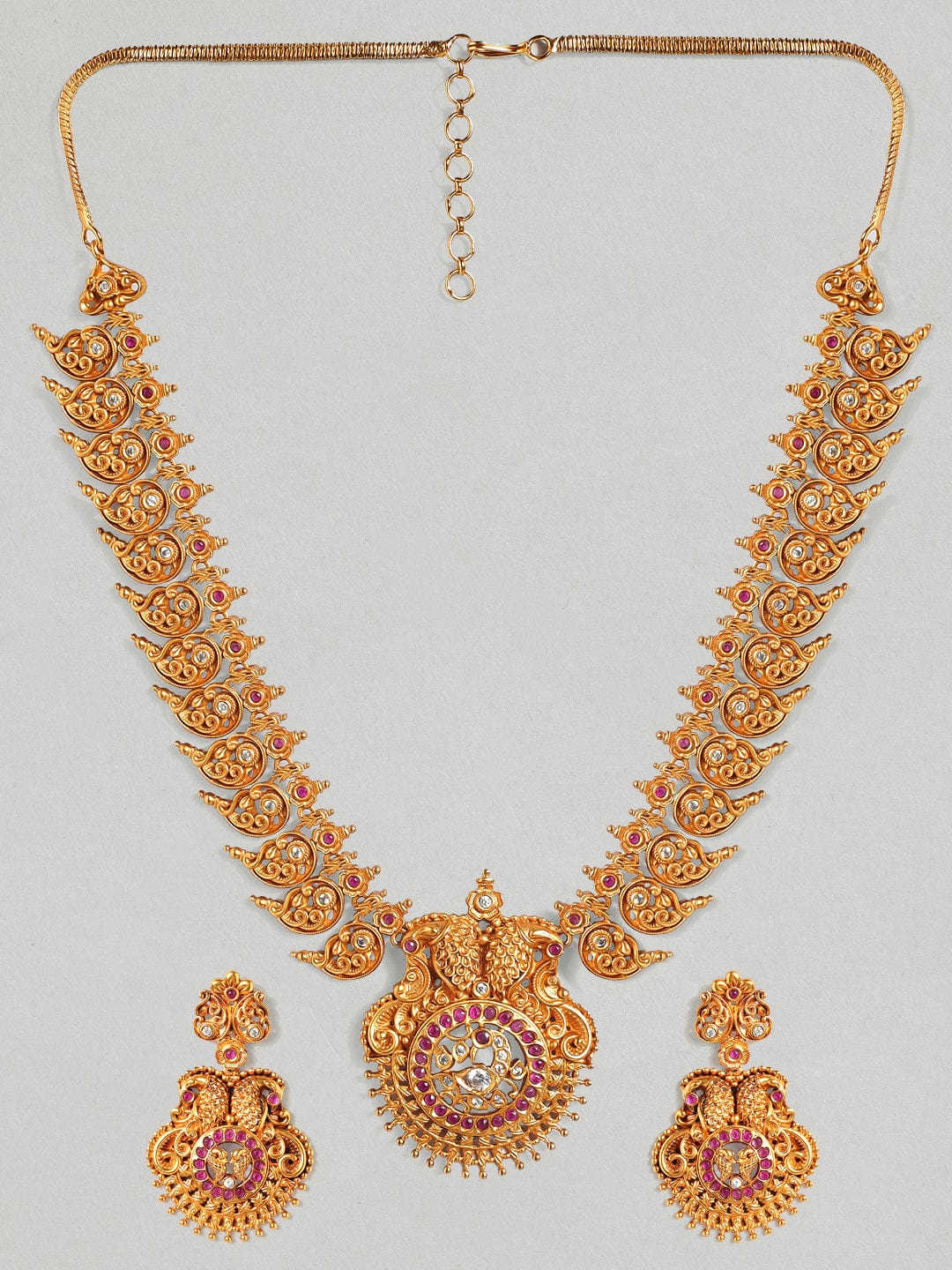 Rubans 22K Gold Plated Handcrafted  Faux Ruby &amp; Filigree Traditional Necklace Set Necklace Set