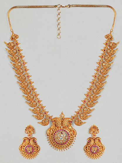 Rubans 22K Gold Plated Handcrafted  Faux Ruby &amp; Filigree Traditional Necklace Set Necklace Set