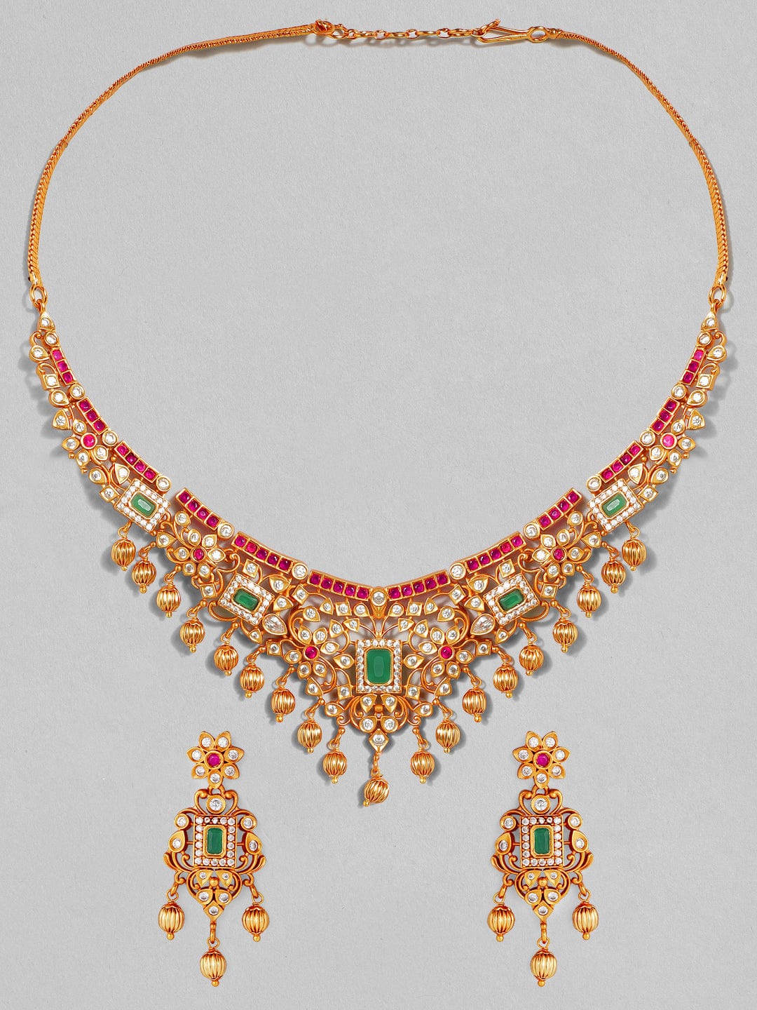 Rubans 22K Gold Plated Handcrafted Faux Ruby Stone with Gold Beads Traditional Necklace Set Necklace Set