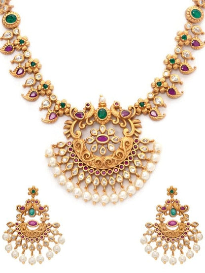 Rubans 22K Gold-Plated Handcrafted Faux Ruby Temple Jewellery Set Necklace Set