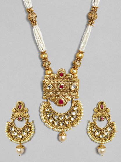 Rubans 22K Gold Plated Handcrafted Pearl Multistranded Kundan Necklace Set Necklace Set