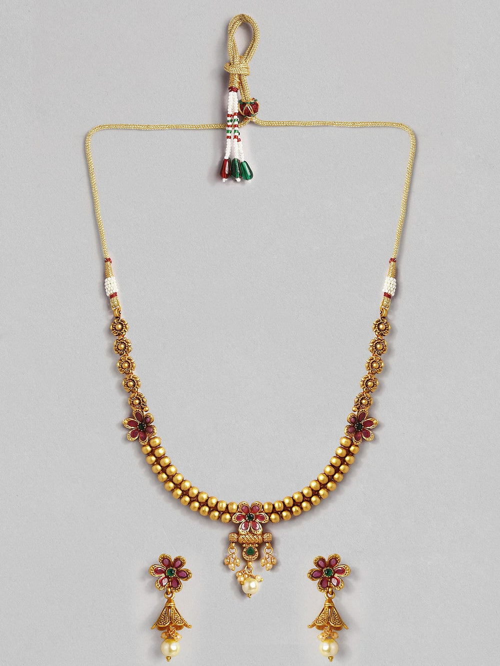 Rubans 22K Gold Plated Handcrafted Pink & Green Stone Necklace Set Necklace Set