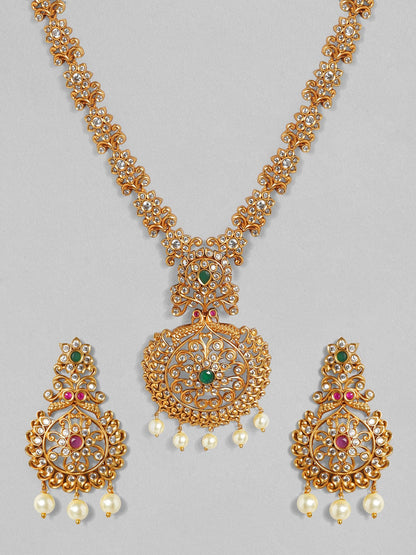 Rubans 22K Gold Plated Handcrafted  Rhinestone with White Pearls Traditional Necklace Set Necklace Set