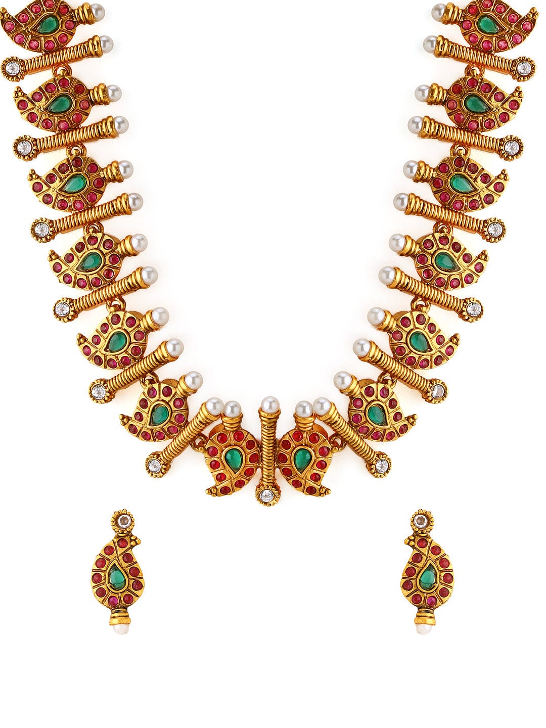 Rubans 22K Gold Plated Handcrafted Temple Color Stone Necklace Set Necklace Set