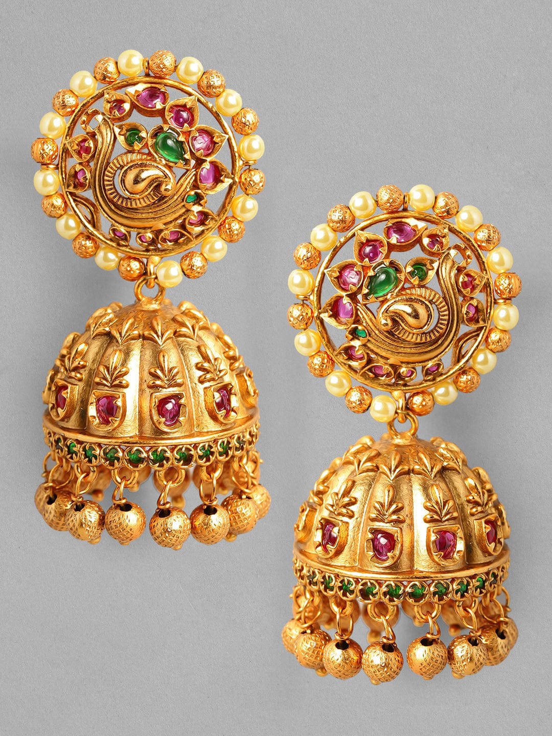 22k Gold Jhumka Earrings Set with Precious Stones GER 022