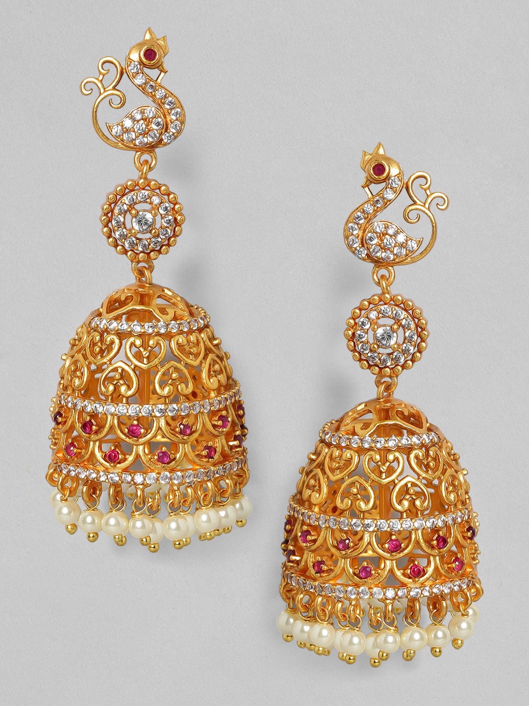 Rubans 22K Gold Plated Handcrafted Zircon Stone with Pearls Peacock Shaped Jhumka Earrings Earrings
