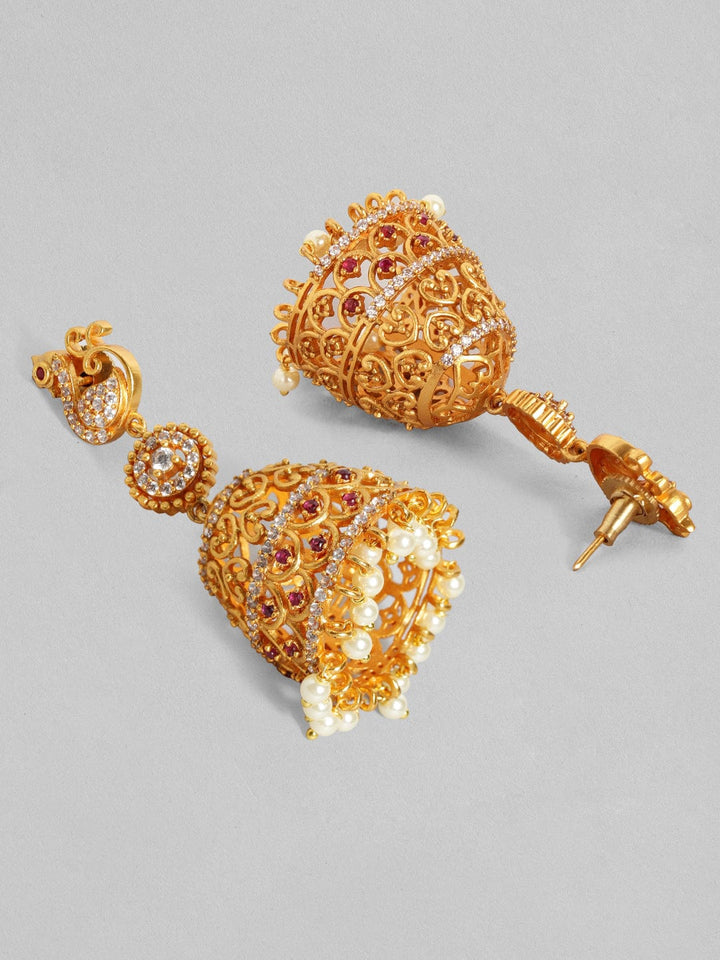 Rubans 22K Gold Plated Handcrafted Zircon Stone with Pearls Peacock Shaped Jhumka Earrings Earrings