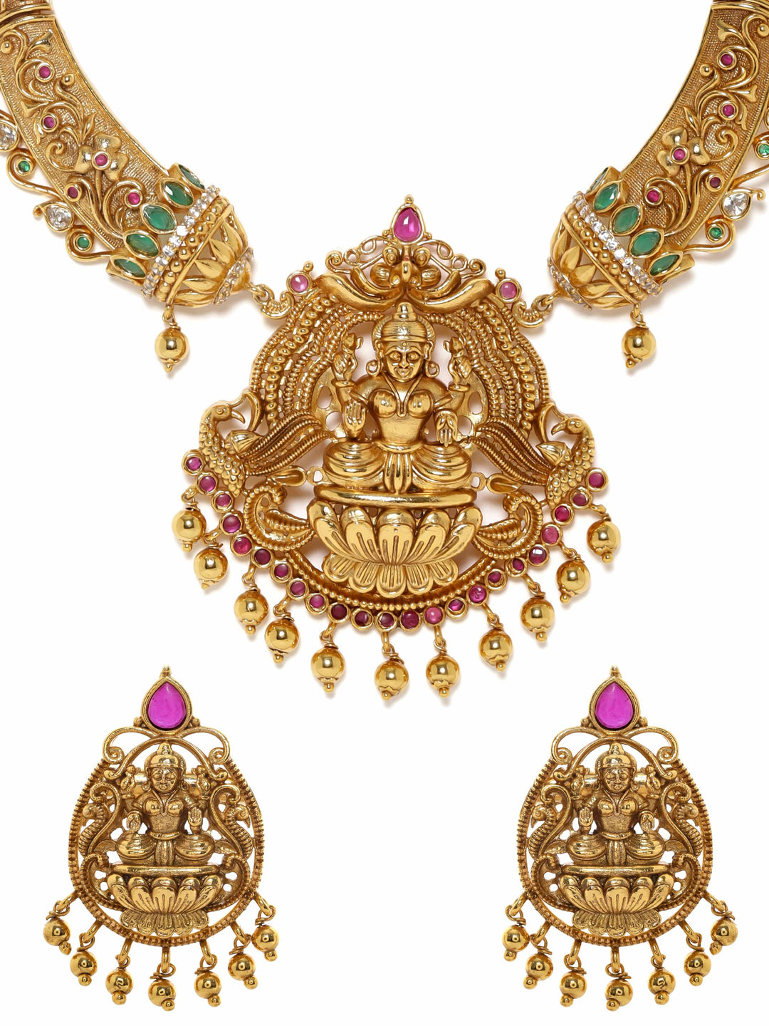 Rubans 22K Gold plated Kemp & Crystal Zirconia Studded Temple Luxury Choker Set Jewellery Sets
