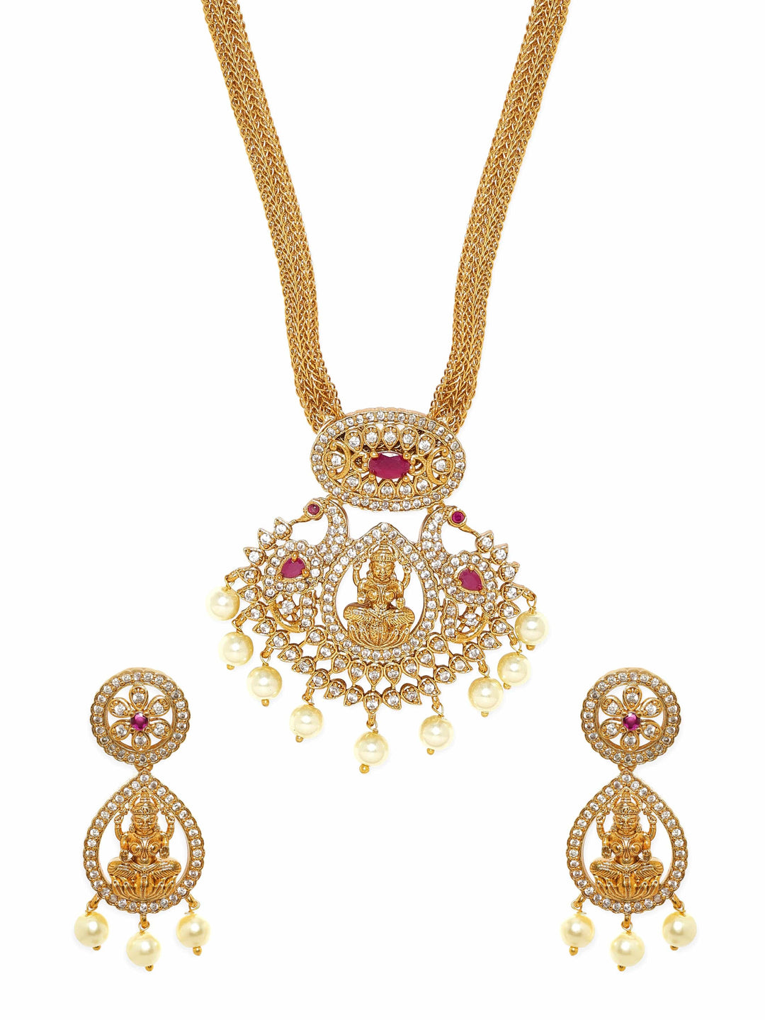 Rubans 22K Gold-Plated Kemp & Zirconia Crystal Studded Pearl Beaded Handcrafted Necklace Set Jewellery Sets