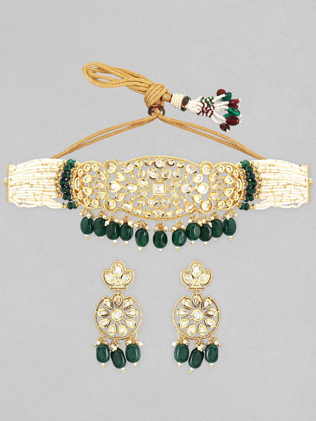 Rubans 22K Gold Plated Kundan Choker Set With Green And White Beads Necklace Set
