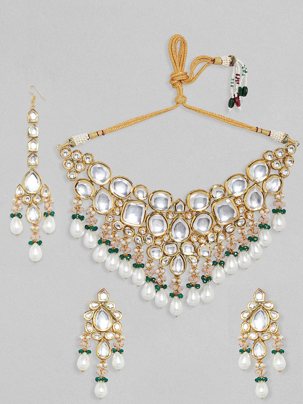 Rubans 22K Gold Plated Kundan Necklace Set With Green Beads And Pearls Jewelry Sets