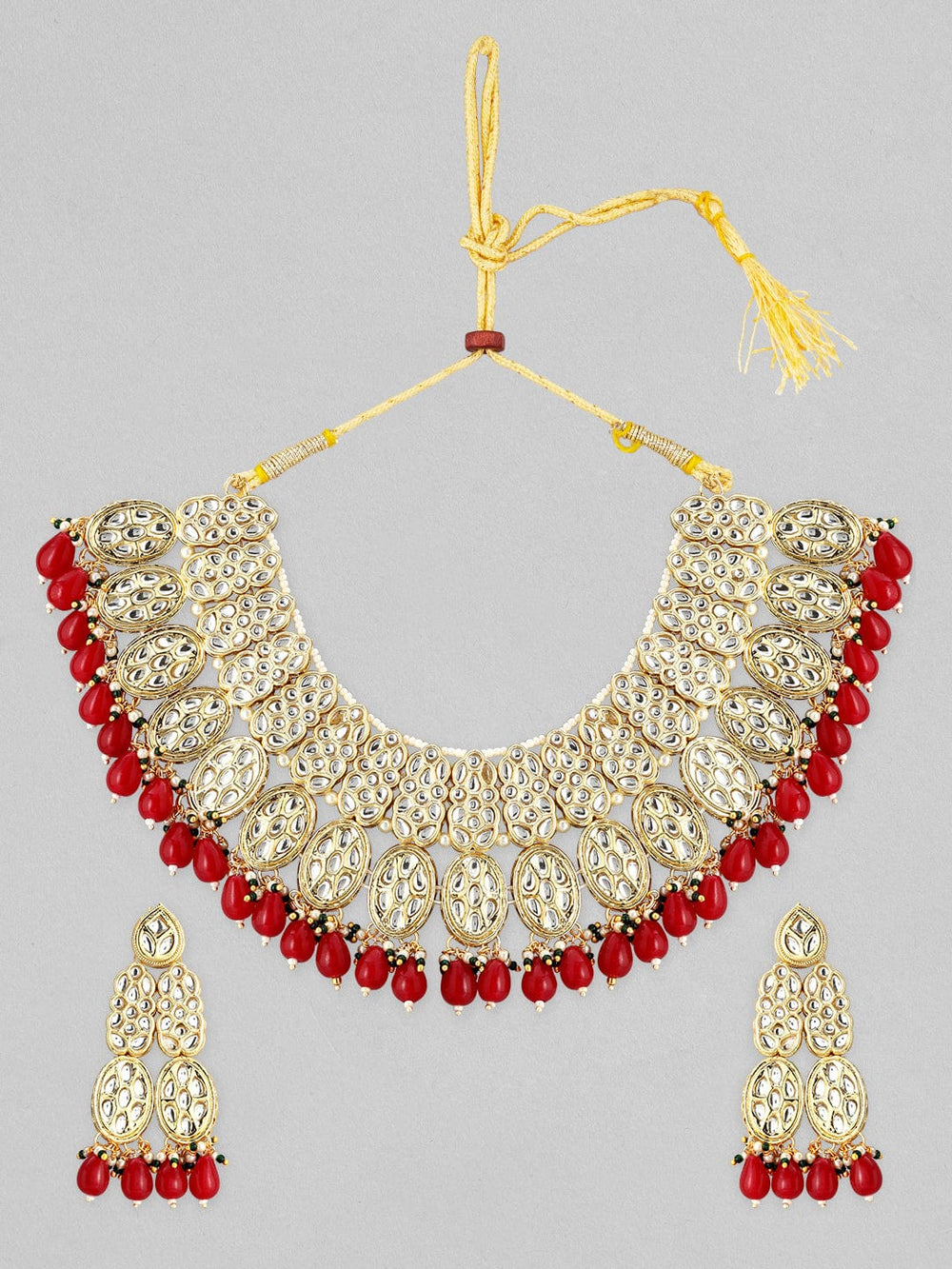Rubans 22K Gold Plated Kundan Necklace Set With Red And Green Beads Necklace Set