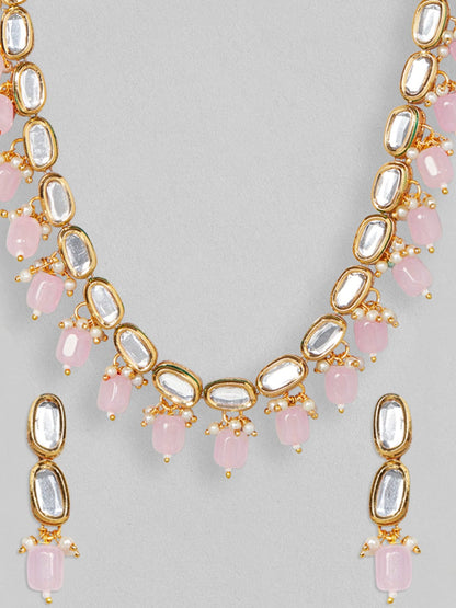 Rubans 22K Gold Plated Kundan Necklace With Pink Beads Necklace Set