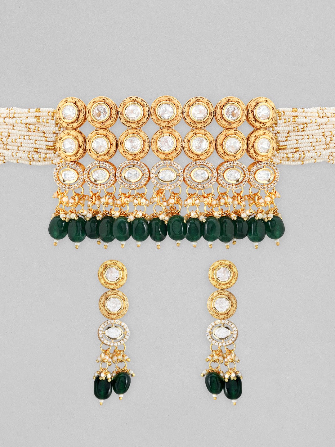 Rubans 22K Gold Plated Kundan Polki Choker Set With Dark Green And White Beads Necklace Set