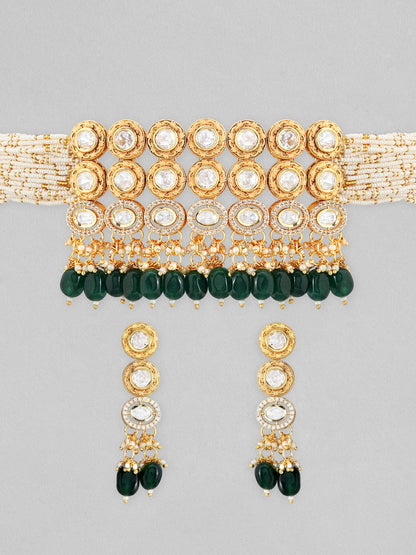 Rubans 22K Gold Plated Kundan Polki Choker Set With Dark Green And White Beads Necklace Set