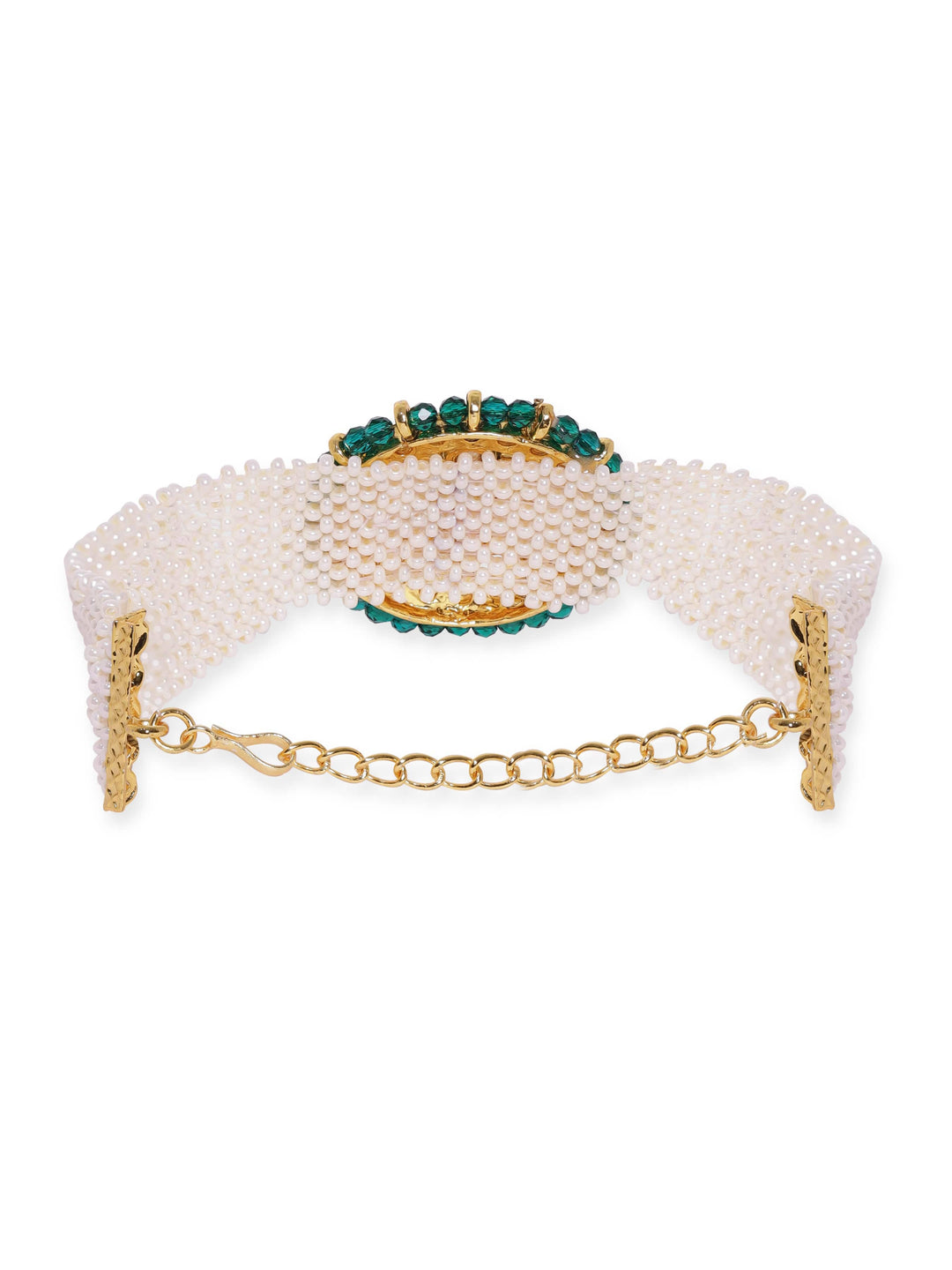 Rubans 22K Gold Plated Kundan Studded Green Crystal & Pearl braid beaded Handcrafted Bracelet Bangles & Bracelets