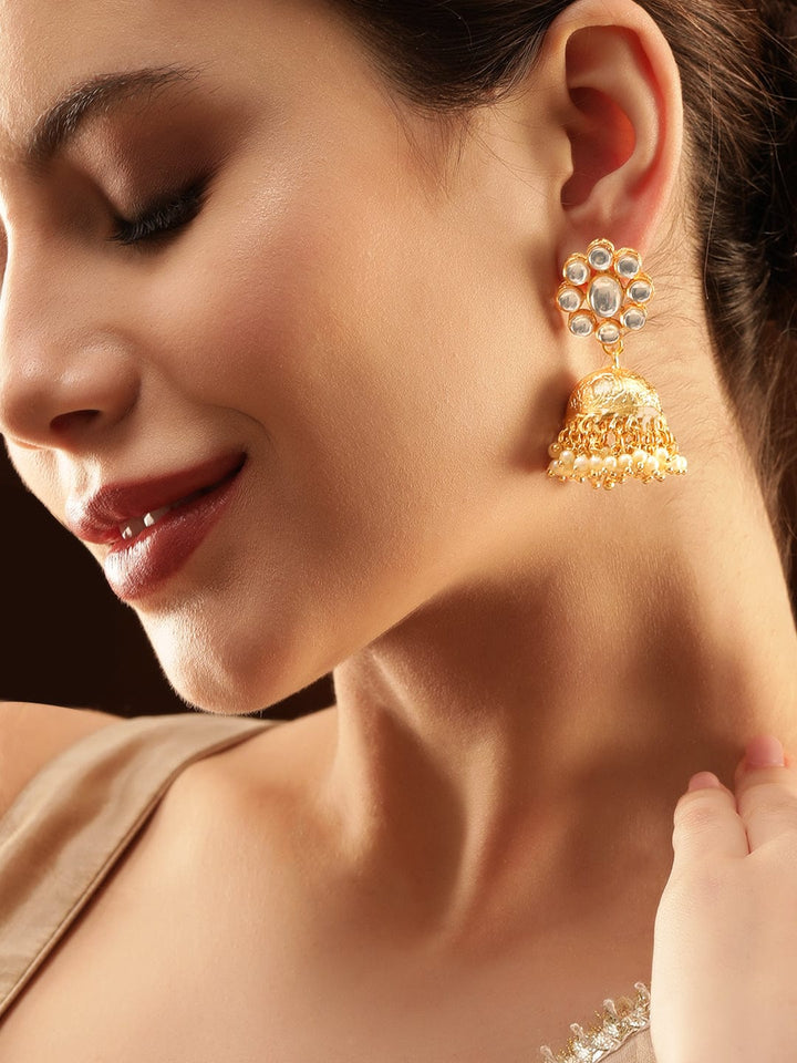 Rubans 22K Gold Plated Kundan Studded Handcrafted Jhumka earrings Earrings