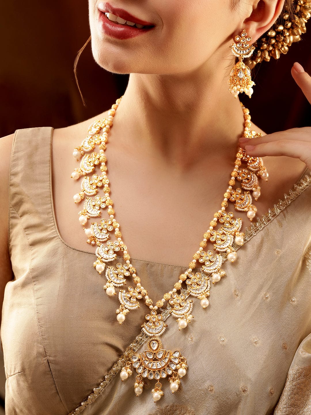Rubans 22K Gold plated Kundan Studded pearl beaded dangle kundan necklace set Jewellery Sets