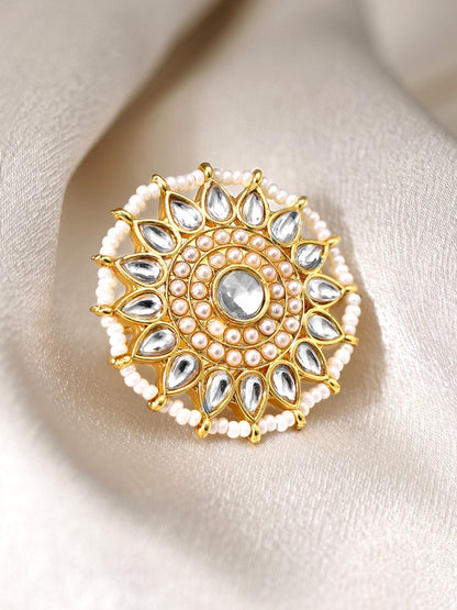 Rubans 22K Gold-Plated Kundan Studded Pearl Beaded Finger Ring Rings