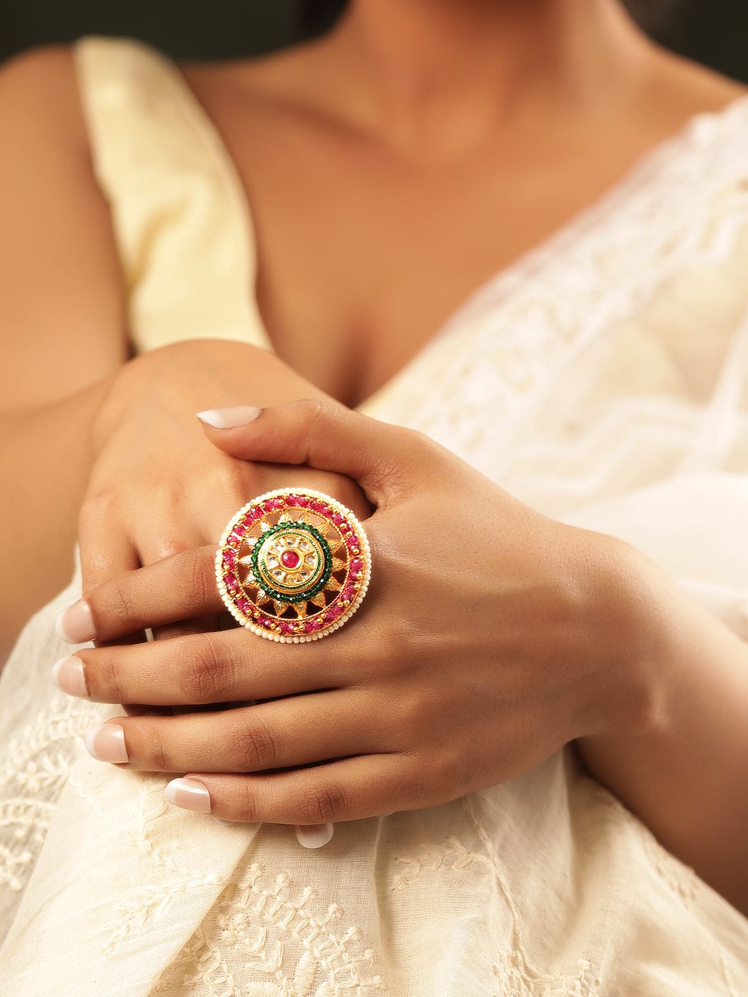 Rubans 22K Gold Plated Kundan Studded Red & Green Crystal with Pearl beaded Handcrafted Adjustable Ring Rings