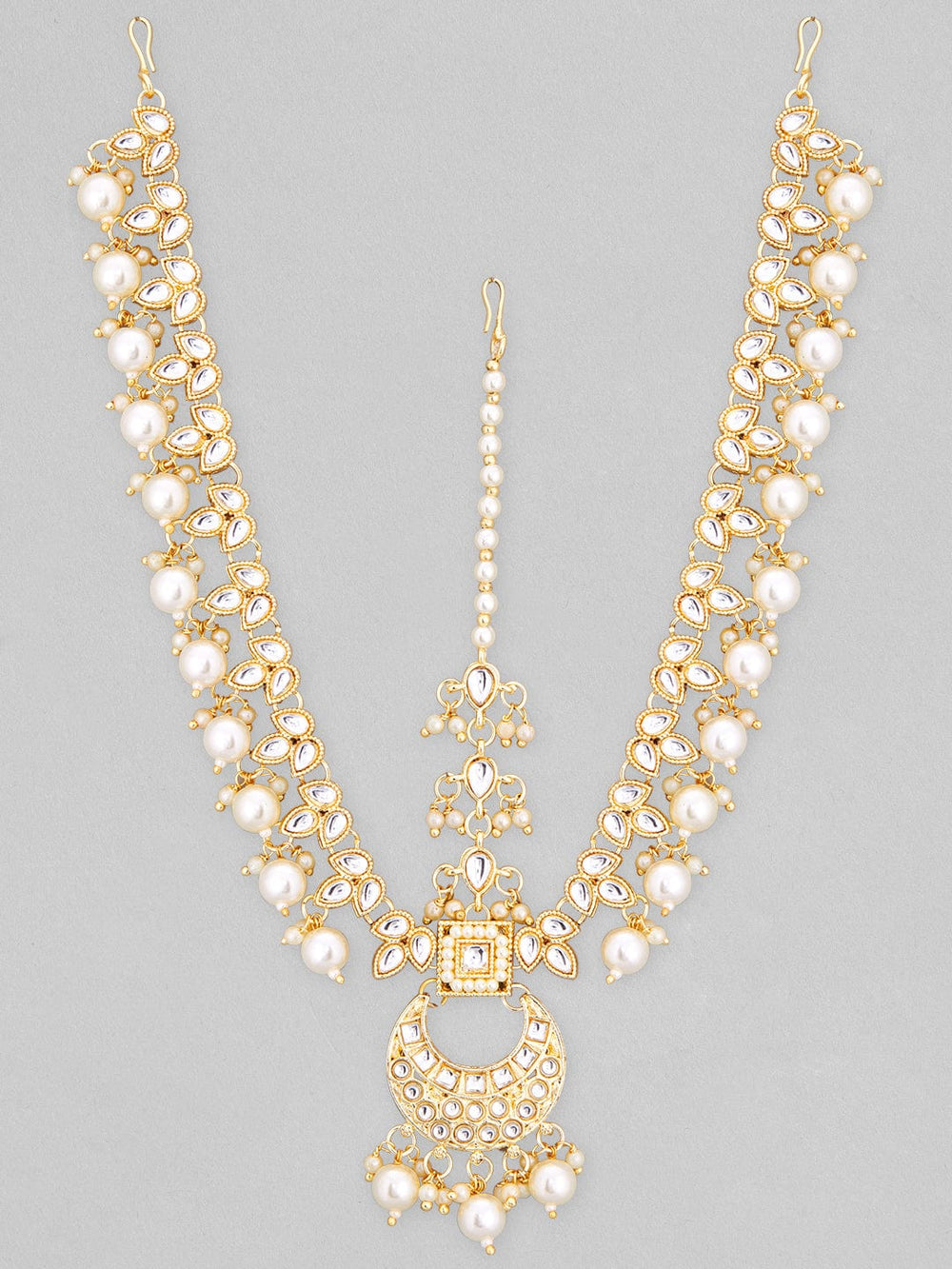 Rubans 22K Gold Plated Kundan Studded White Hanging Pearls Maangtika Head Jewellery