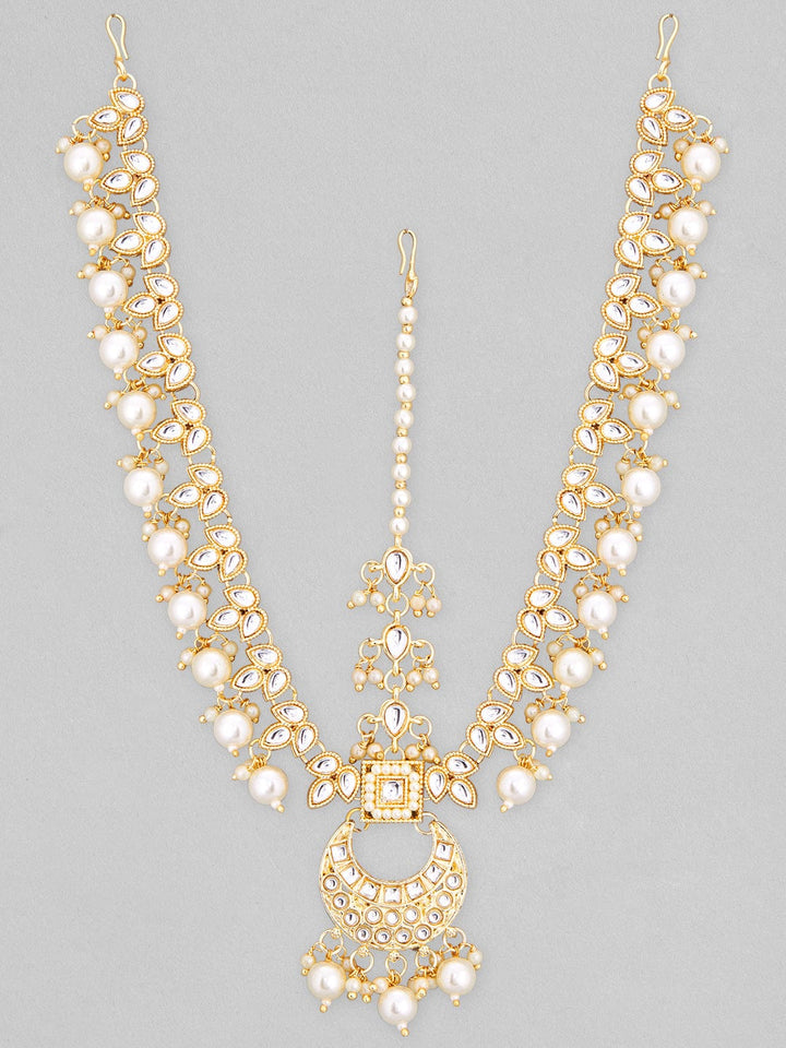 Rubans 22K Gold Plated Kundan Studded White Hanging Pearls Maangtika Head Jewellery