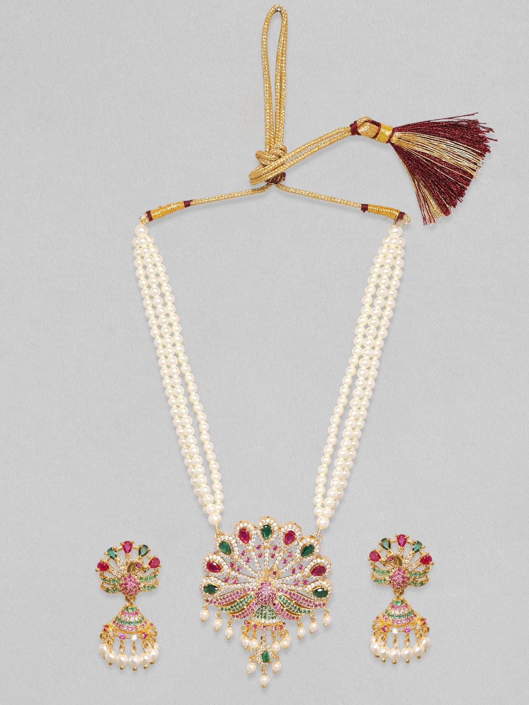 Rubans 22K Gold Plated Multi Colour Zircon Pearl Beaded Peacock Necklace Set Necklace Set