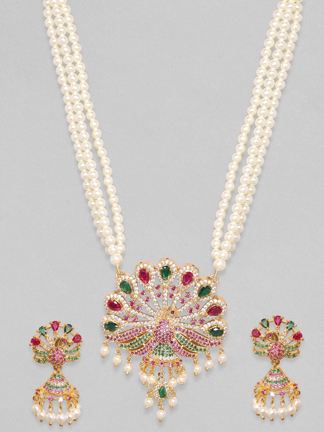 Rubans 22K Gold Plated Multi Colour Zircon Pearl Beaded Peacock Necklace Set Necklace Set