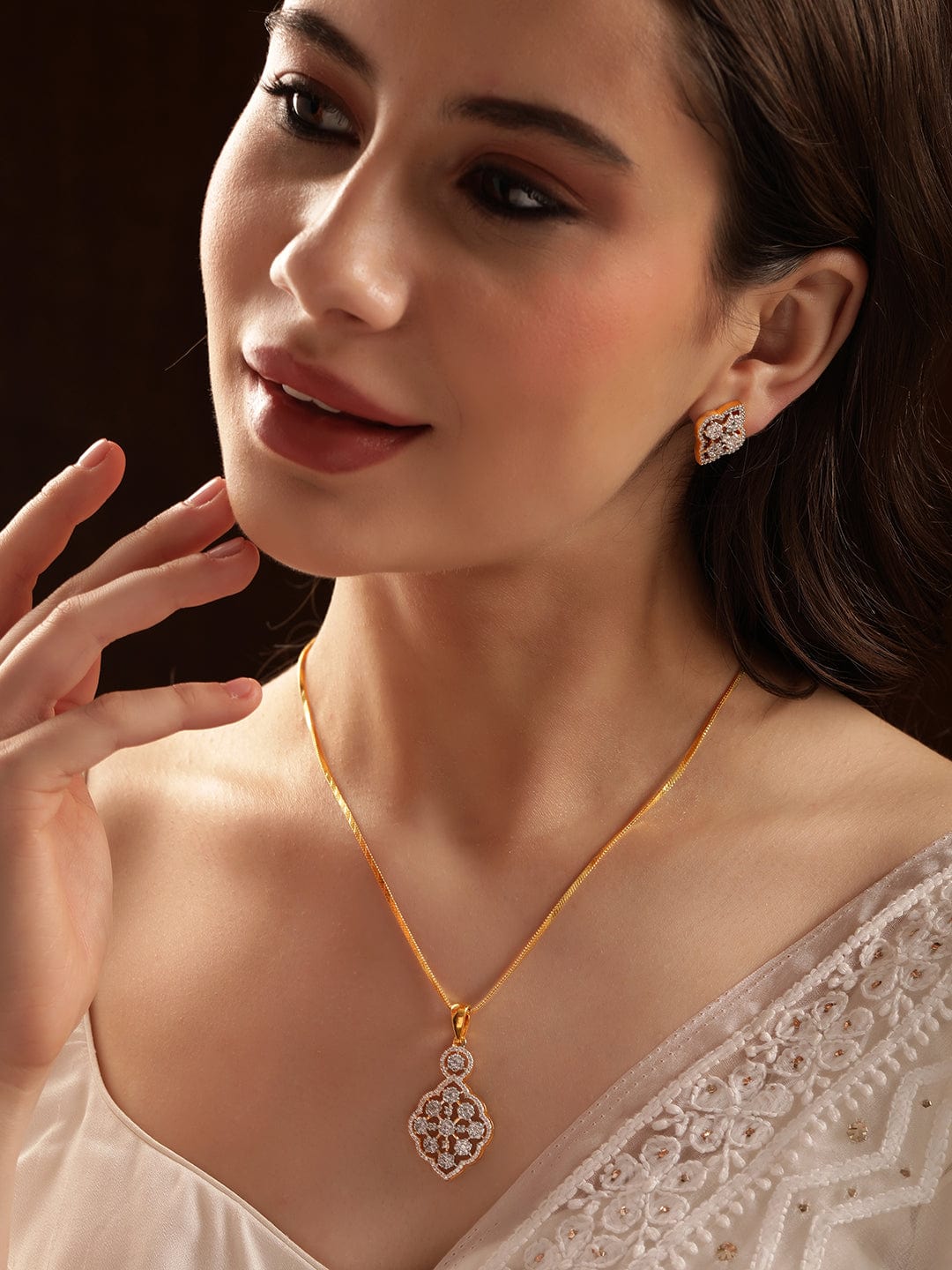Rubans 22K Gold plated Pave Zirconia studded striking Pendant Set Jewellery Sets