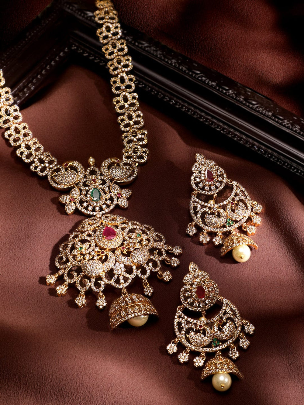 Rubans 22K Gold-Plated Peacock Motif Kemp & Zirconia Crystal Studded Handcrafted Necklace Set Jewellery Sets