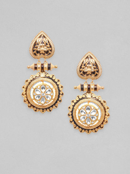 Rubans 22K Gold Plated Polki Zirconia &amp; Black Enemal Statement Dangle Earrings Earrings
