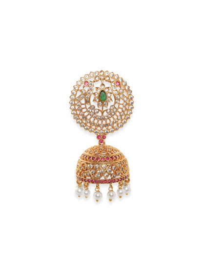Rubans 22K Gold plated Ruby &amp; Emerald Zirconia Hand Crafted Statement Temple Jhumka Earrings Earrings