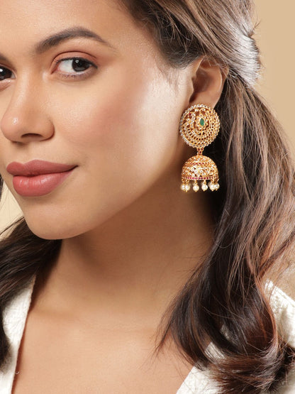 Rubans 22K Gold plated Ruby &amp; Emerald Zirconia Hand Crafted Statement Temple Jhumka Earrings Earrings