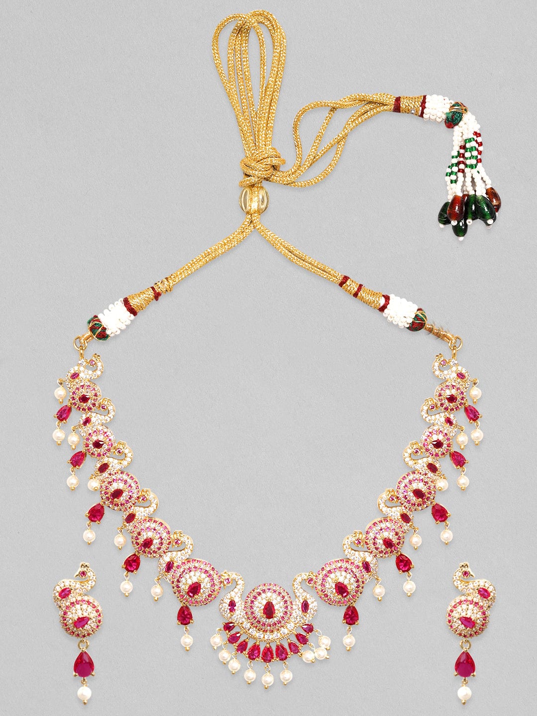 Rubans 22K Gold Plated Ruby Zircon Pearl Beaded Necklace Set Necklace Set