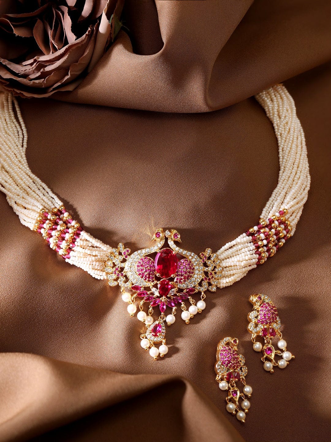 Rubans 22K Gold Plated Ruby Zircon Pearl Beaded Peacock Choker Set Necklace Set