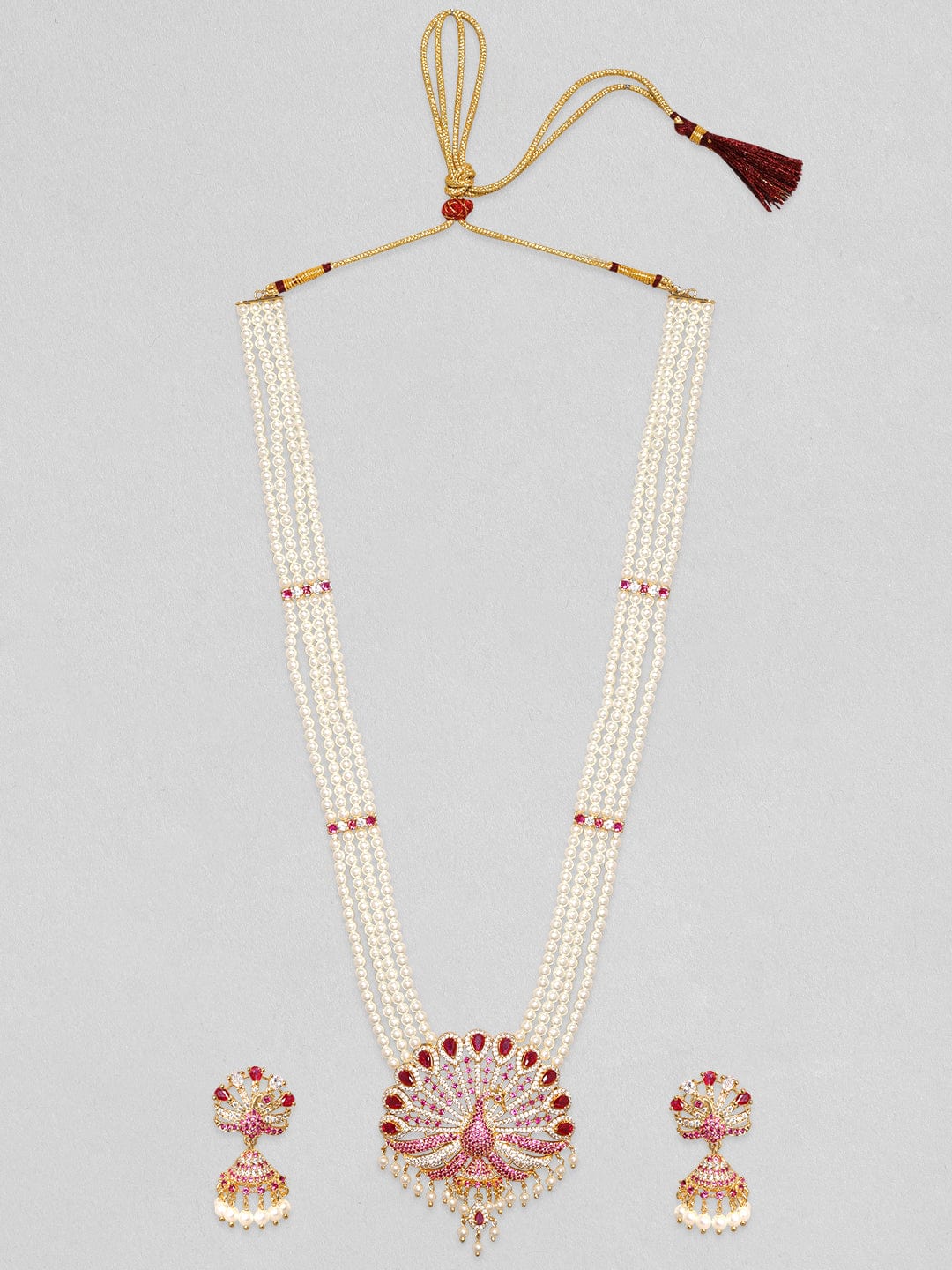 Rubans 22K Gold Plated Ruby Zircon Pearl Beaded Peacock Long Necklace Set Necklace Set