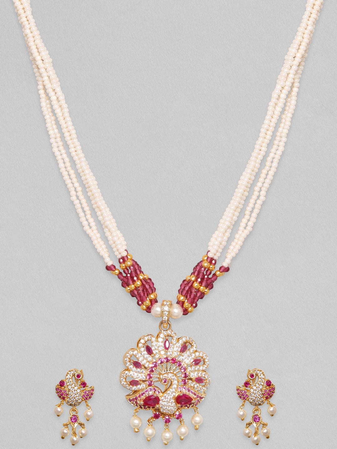 Rubans 22K Gold Plated Ruby Zircon Pearl Beaded Peacock Necklace Set Necklace Set