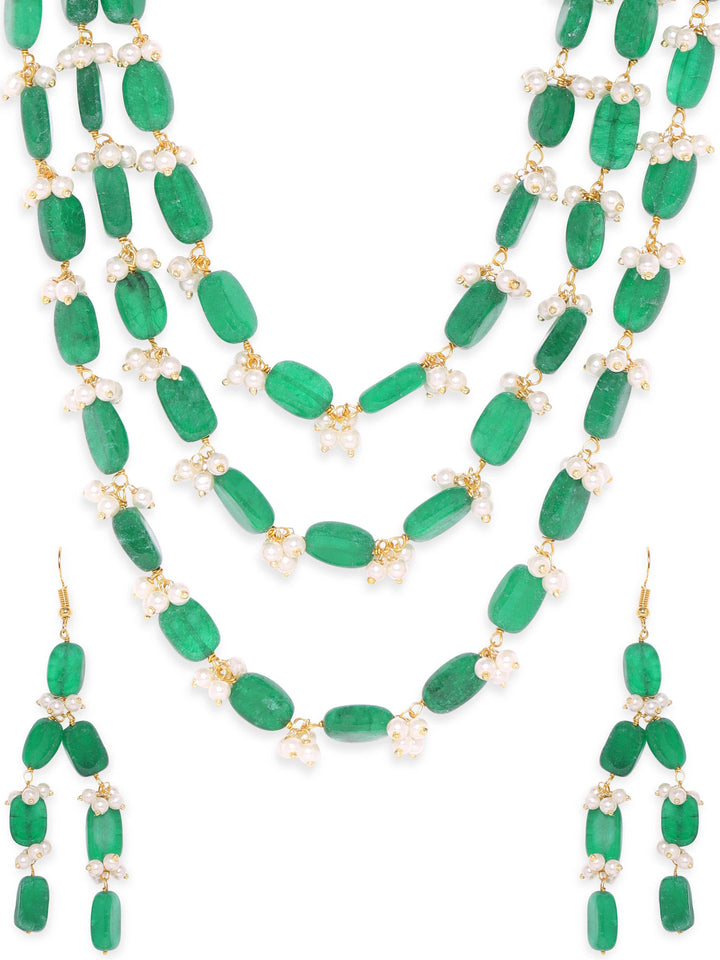 Rubans 22K Gold Plated Semi Precious Green Aventurine Gem Beaded Zirconia studded Tri Layer Statement Necklace Set Jewellery Sets