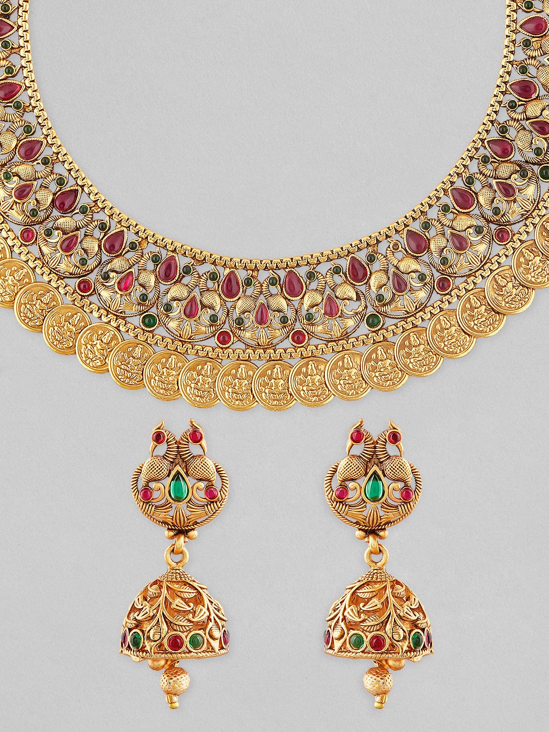 Rubans 22K Gold Plated Temple Necklace Set With Brown Beads. Jewelry Sets