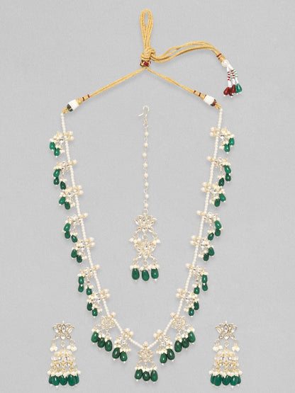 Rubans 22k Gold Plated With Kundan Stones &amp; Green Beads Jhumkas Earrings. Necklace Set