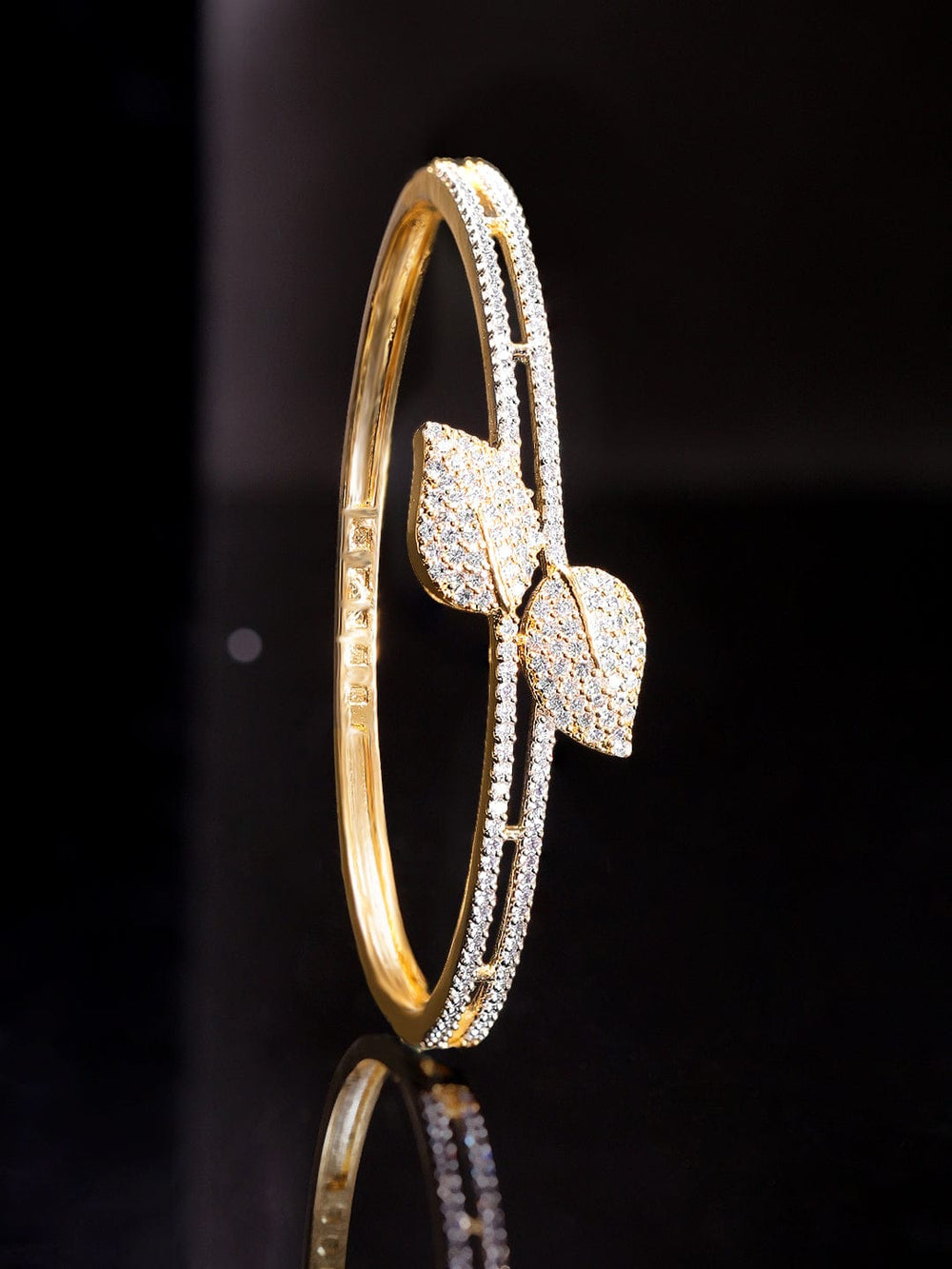 Rubans 22K Gold Plated Zirconia Leaf Motif Sleek Bracelet Bangles & Bracelets